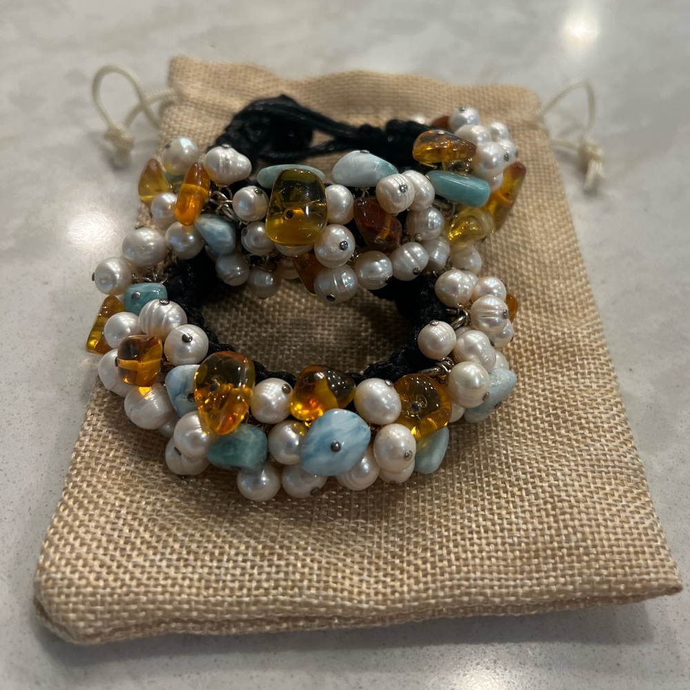Beaded Amber, Pearl, and Larimar Bracelet set